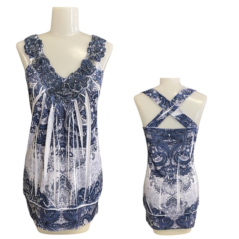 Vanity Y2K Women's Med Blue White V Neck Sleeveless Ruched Tunic Top Mini Dress